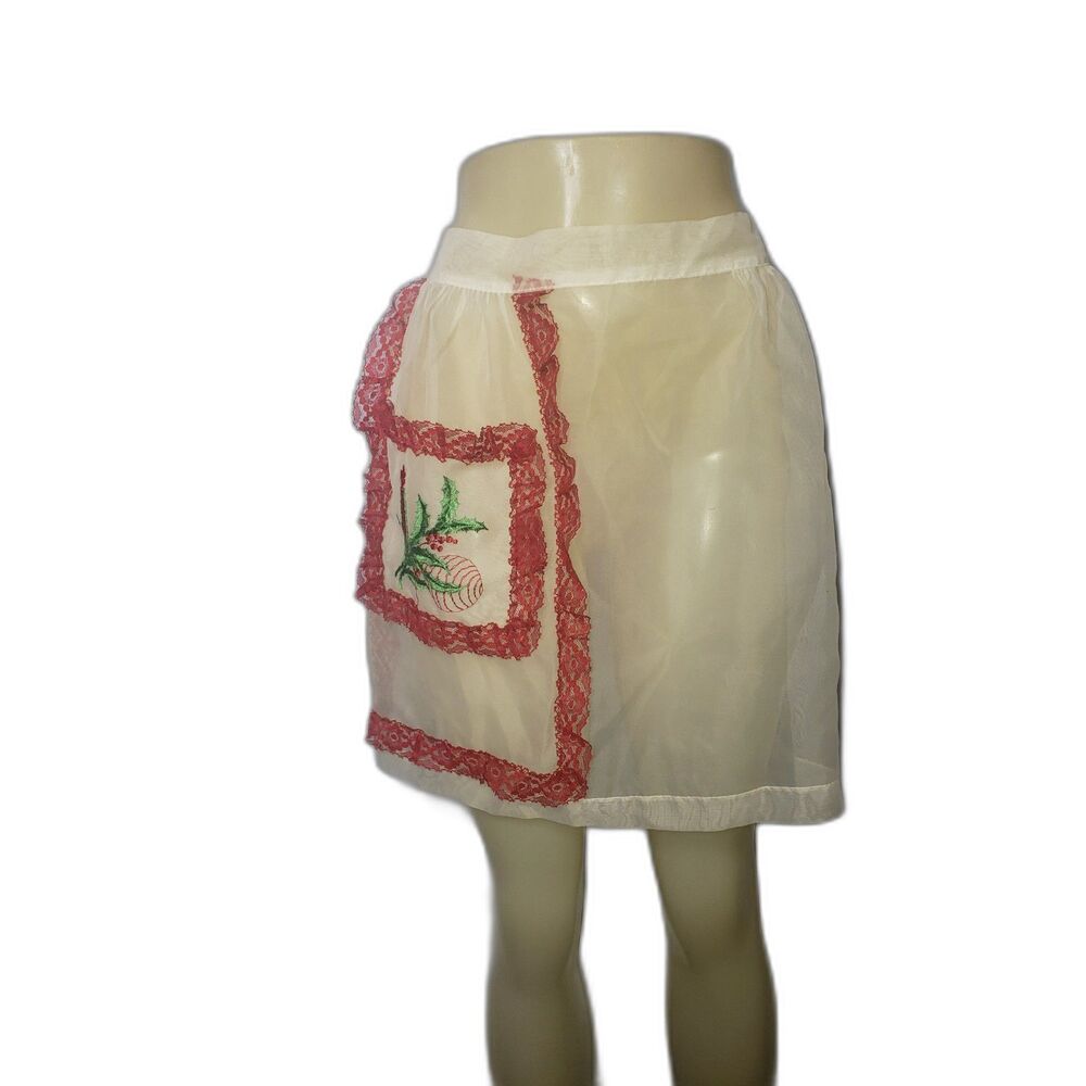 Vintage White Sheer Nylon Chiffon Organza Half Apron Red Lace Trim Christmas